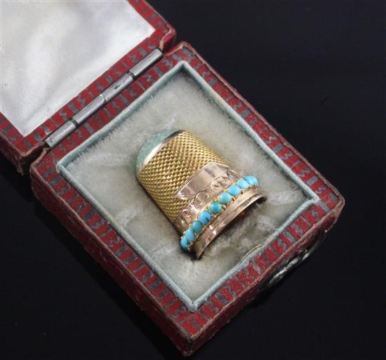 An early 20th century gold, green hardstone and turquoise set thimble, gross 3.9 grams.